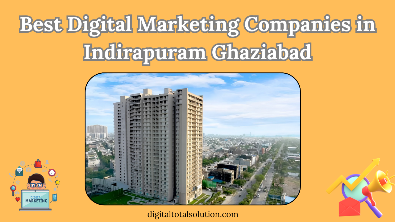 Illustration of Indirapuram's skyline with digital elements representing the city's leading marketing agencies